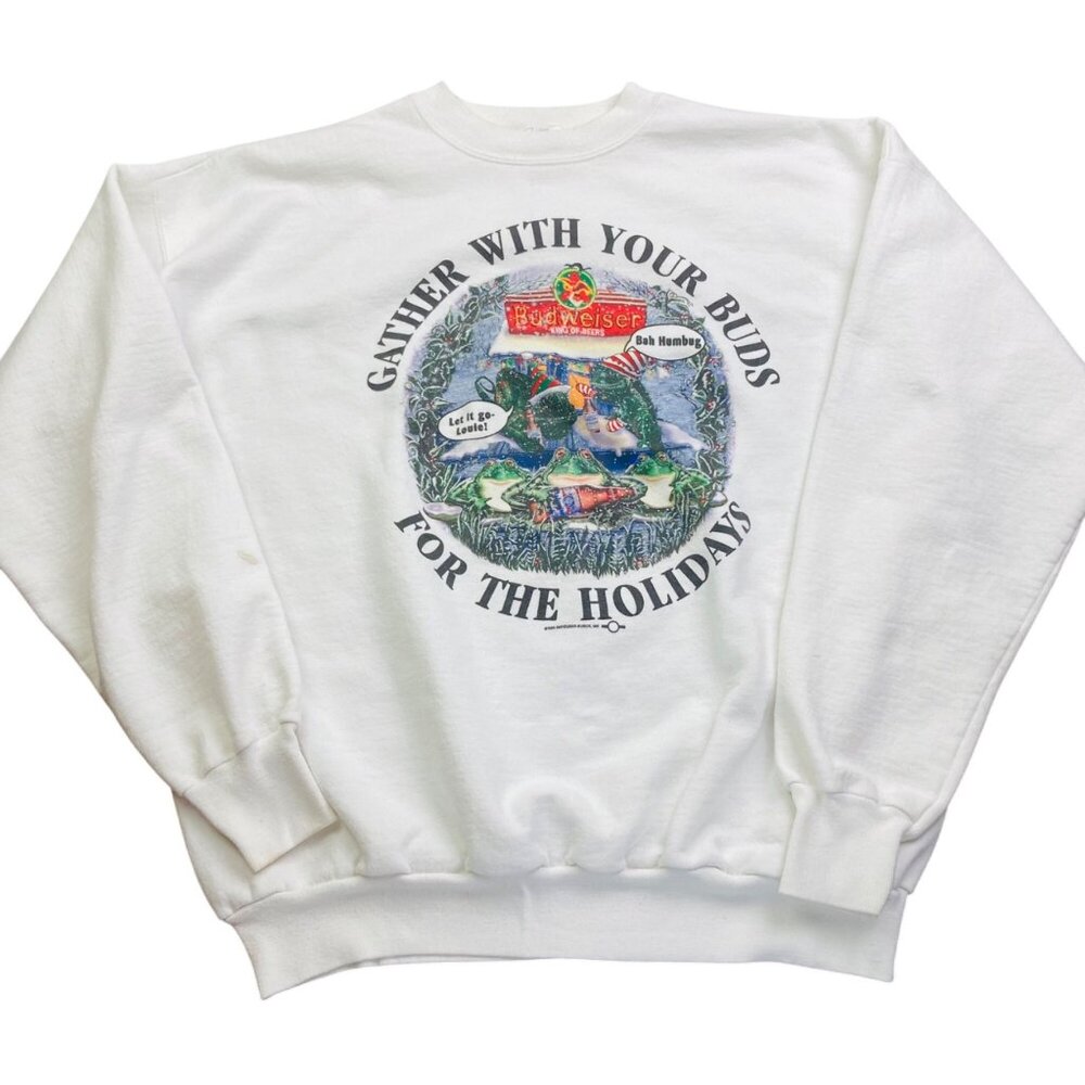 Vintage 1999 Budweiser Frogs Holiday Sweatshirt Hanes ComfortBlend XL White 90s